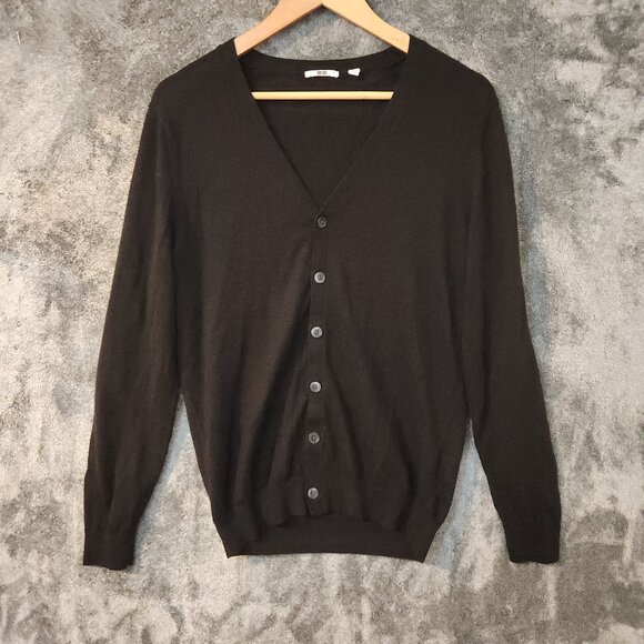 Pretty Black Wool V Neck Cardigan Sweater Uniqlo Women - Size Large Full Button - Picture 1 of 8